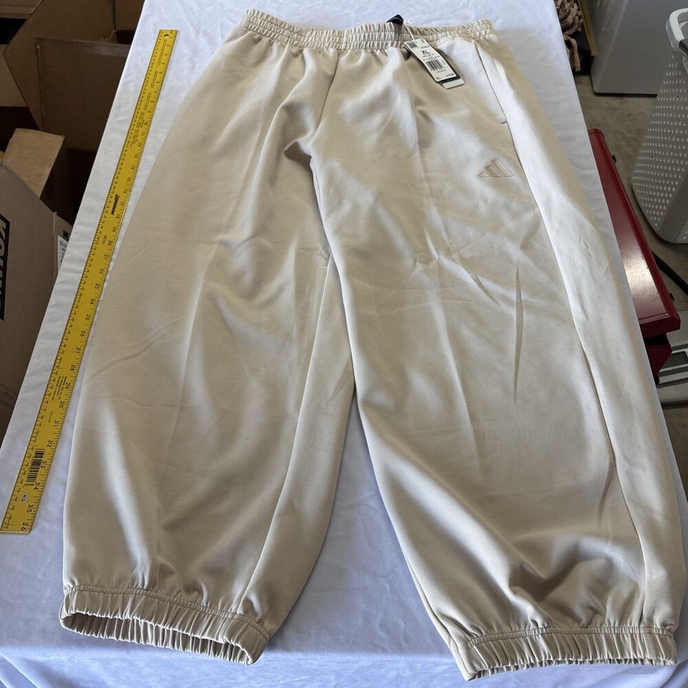 adidas Soft Lux Pants Mens XL Crystal Linen Beige Loose Fit Joggers KF8576 NWT